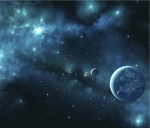 Black space background against beautiful light green blue planets, stars, and nebulae